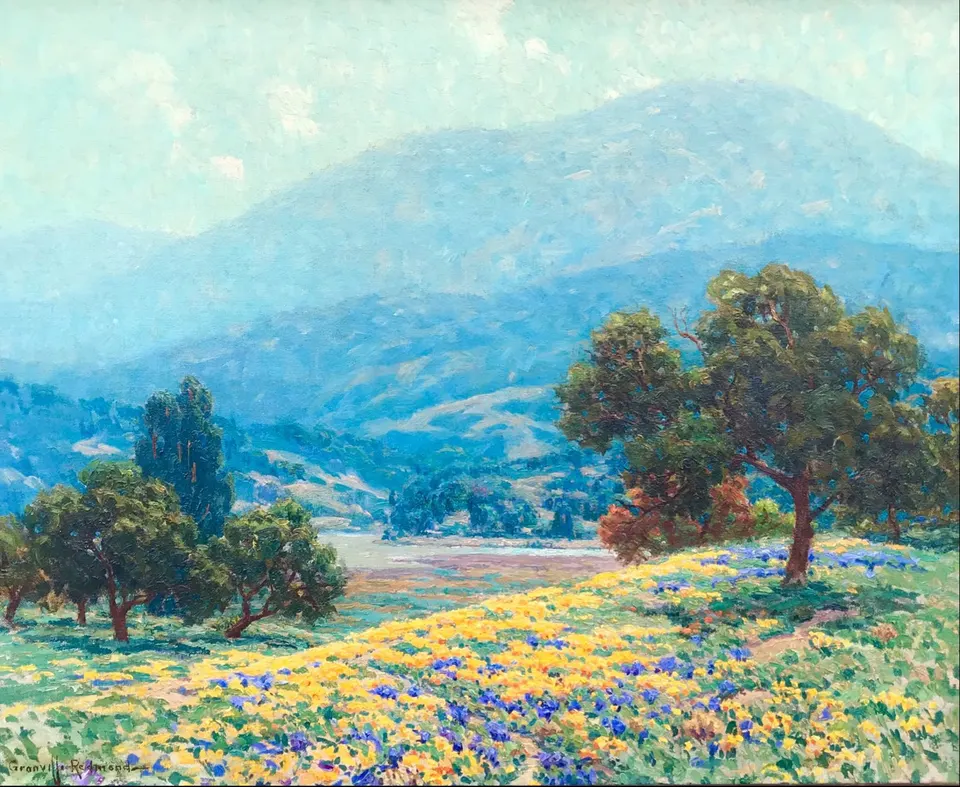 Granville Redmond, Poppies & Lake, oil on canvas